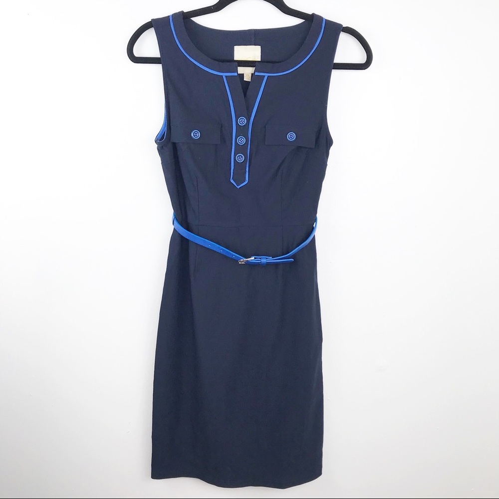 ModCloth blue sheath dress belted sleeveless retro